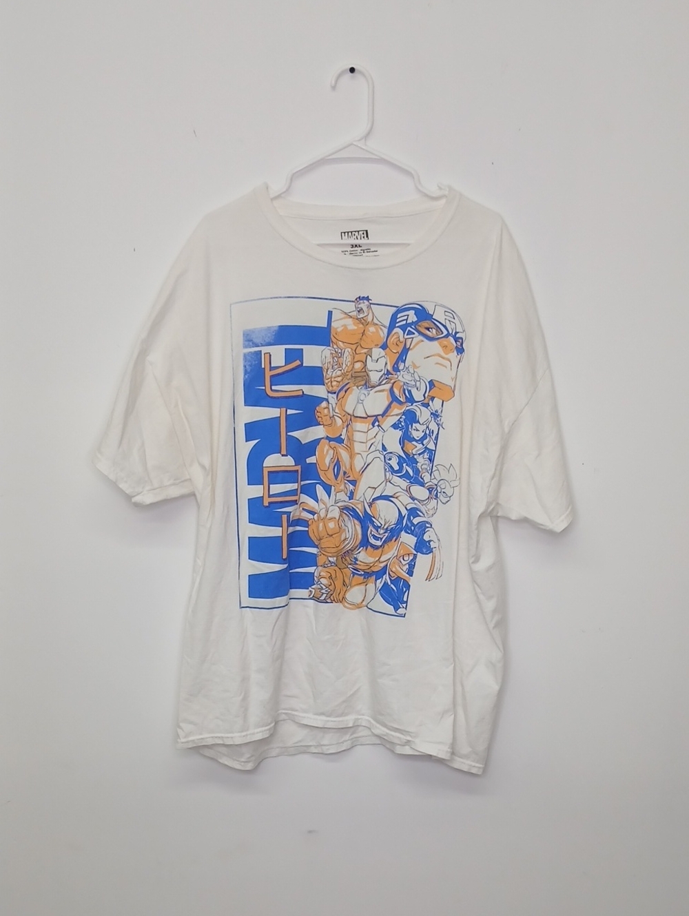 Marvel Mens White Graphic T‑Shirt with Blue & Orange Print /3X